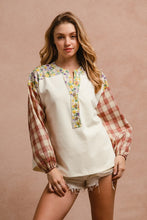 Load image into Gallery viewer, BiBi Floral Notched Plaid Balloon Sleeve Top
