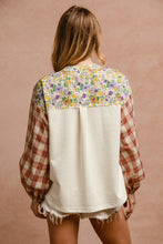 Load image into Gallery viewer, BiBi Floral Notched Plaid Balloon Sleeve Top
