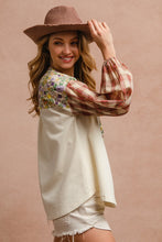 Load image into Gallery viewer, BiBi Floral Notched Plaid Balloon Sleeve Top
