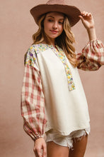 Load image into Gallery viewer, BiBi Floral Notched Plaid Balloon Sleeve Top
