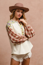 Load image into Gallery viewer, BiBi Floral Notched Plaid Balloon Sleeve Top
