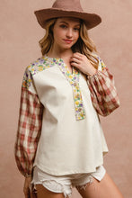 Load image into Gallery viewer, BiBi Floral Notched Plaid Balloon Sleeve Top
